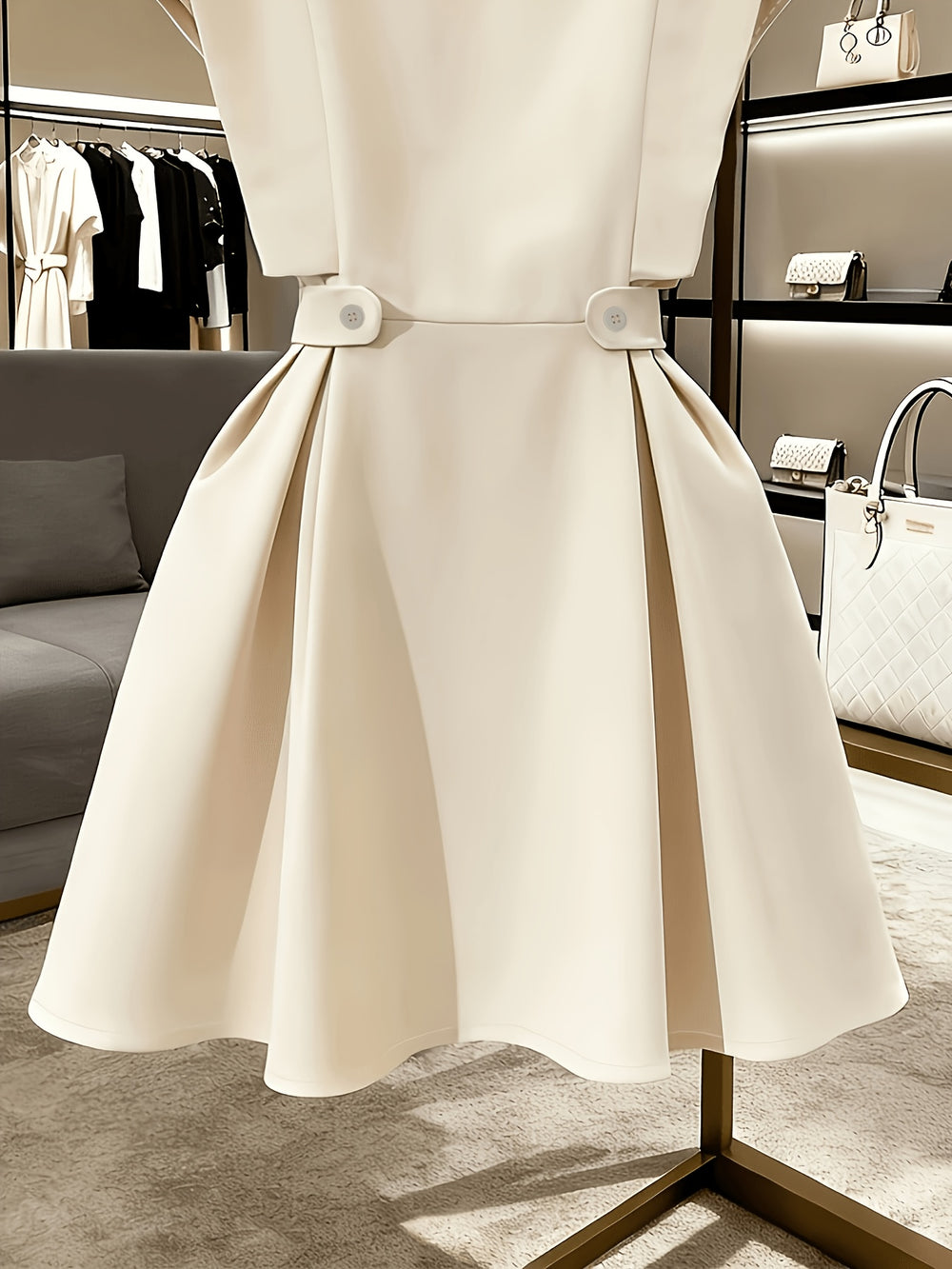 French Round Neck Flutter Midi Dress