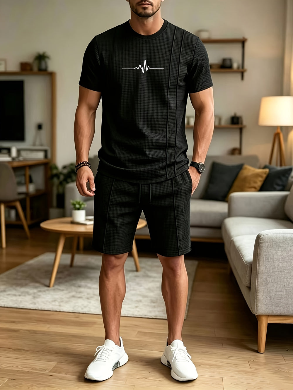 Men's Waffle Knit 2-Piece Set – Crew Neck Tee & Shorts
