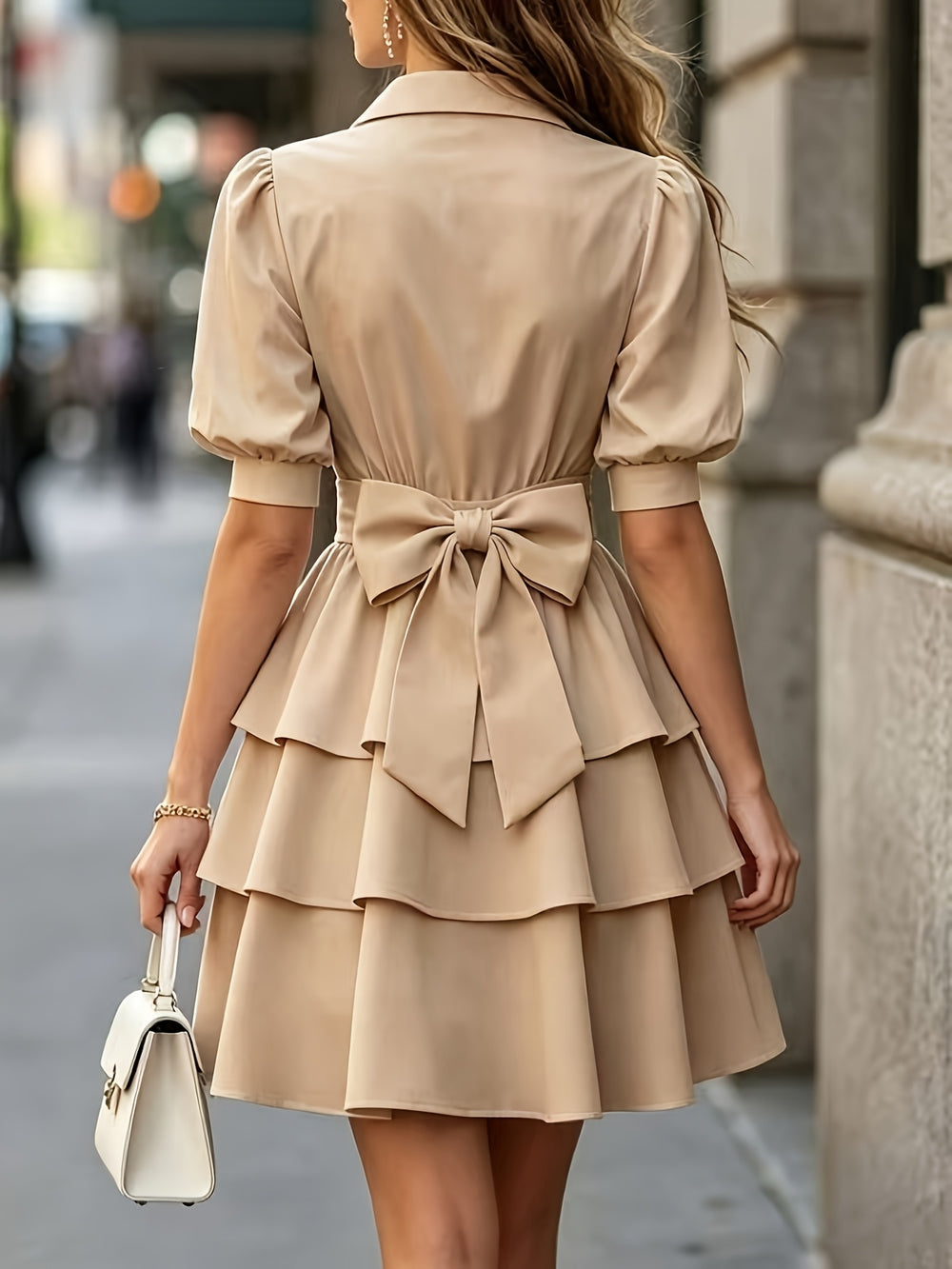 French Collar Puff Sleeve Dress