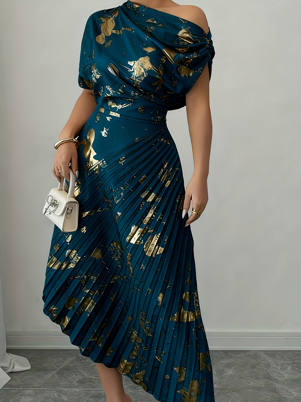 Asymmetrical Pleated Foil Dress