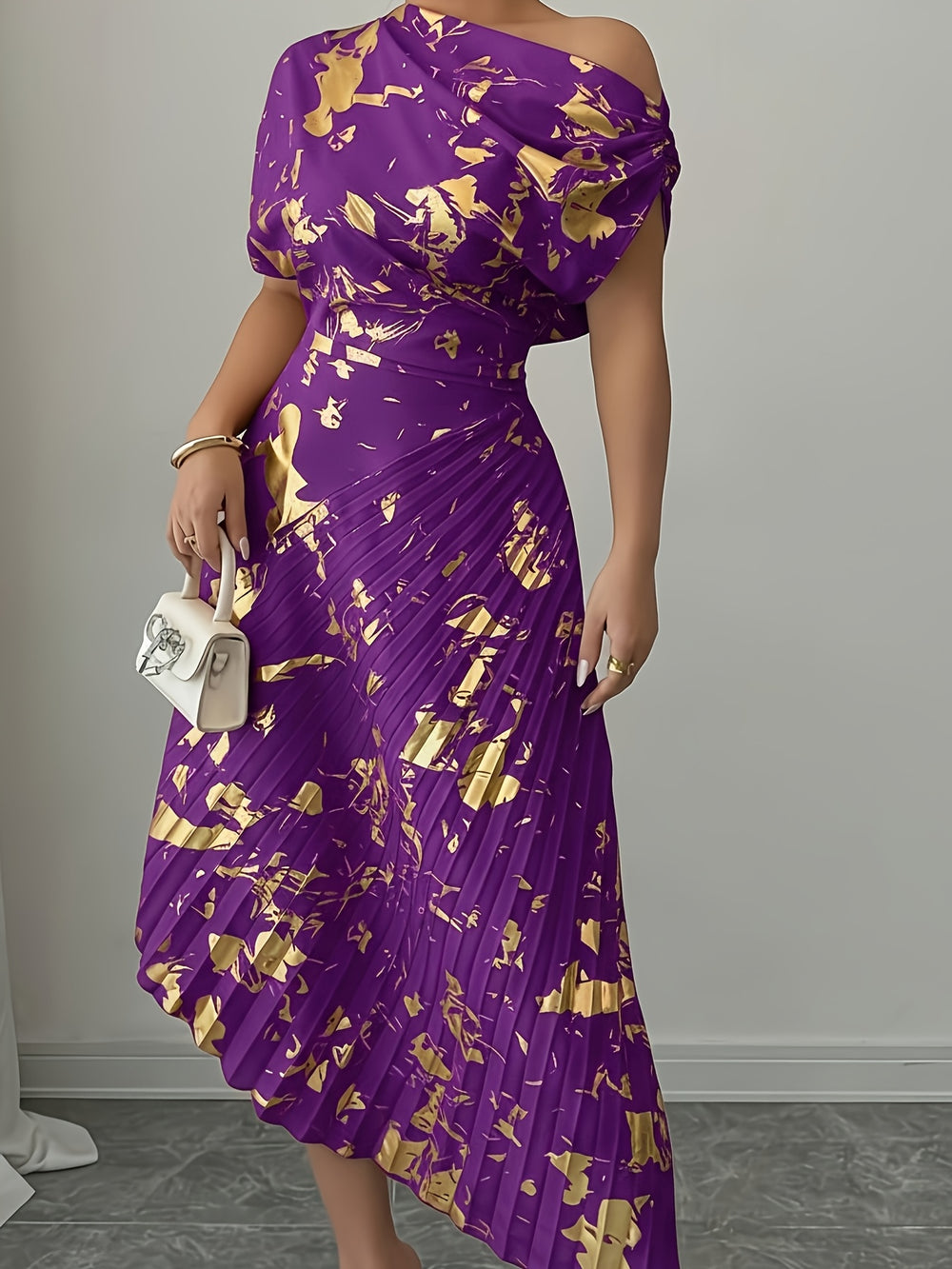 Asymmetrical Pleated Foil Dress