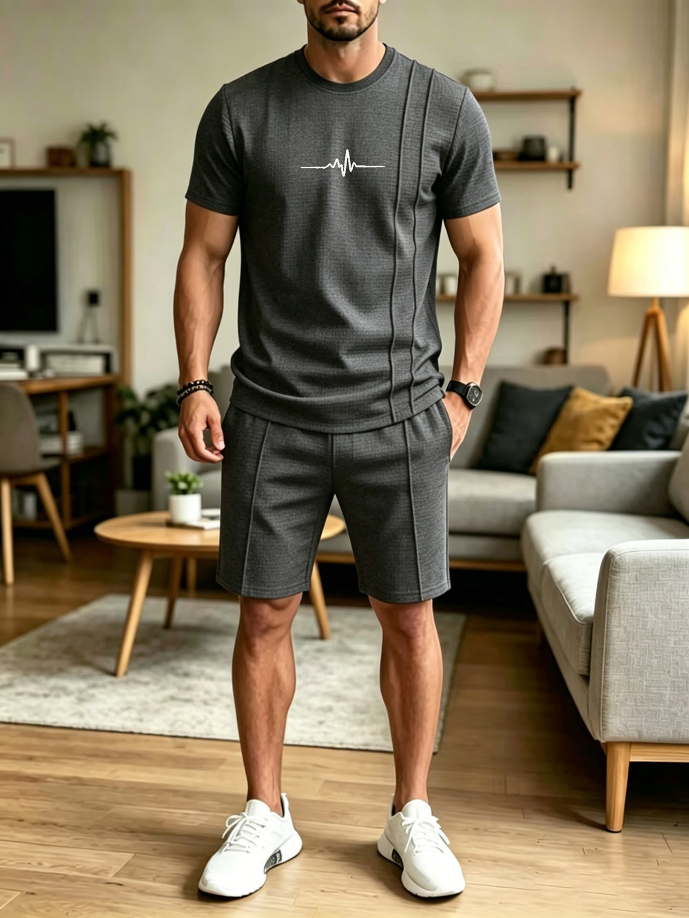Men's Waffle Knit 2-Piece Set – Crew Neck Tee & Shorts