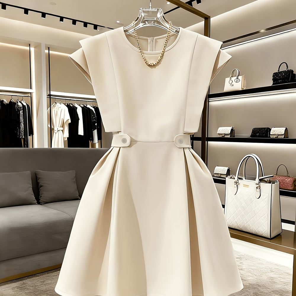 French Round Neck Flutter Midi Dress