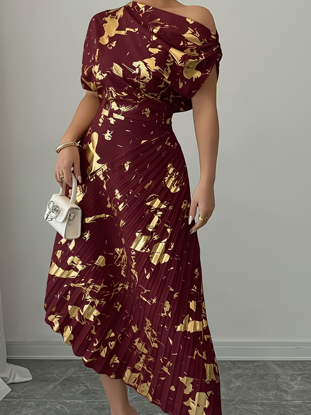 Asymmetrical Pleated Foil Dress