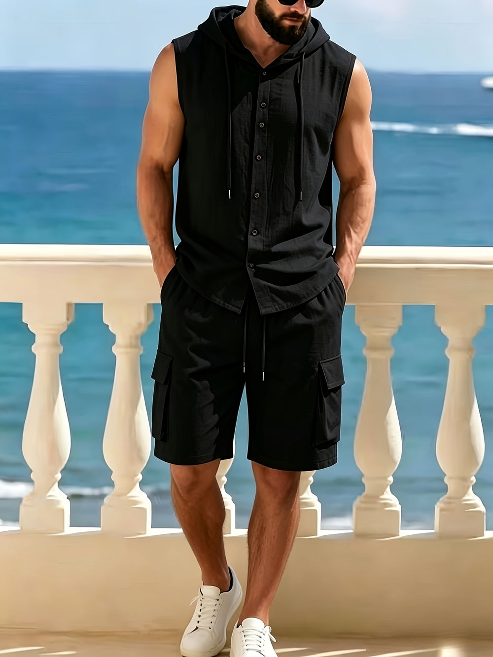 Men's Linen Vest & Cargo Shorts Set