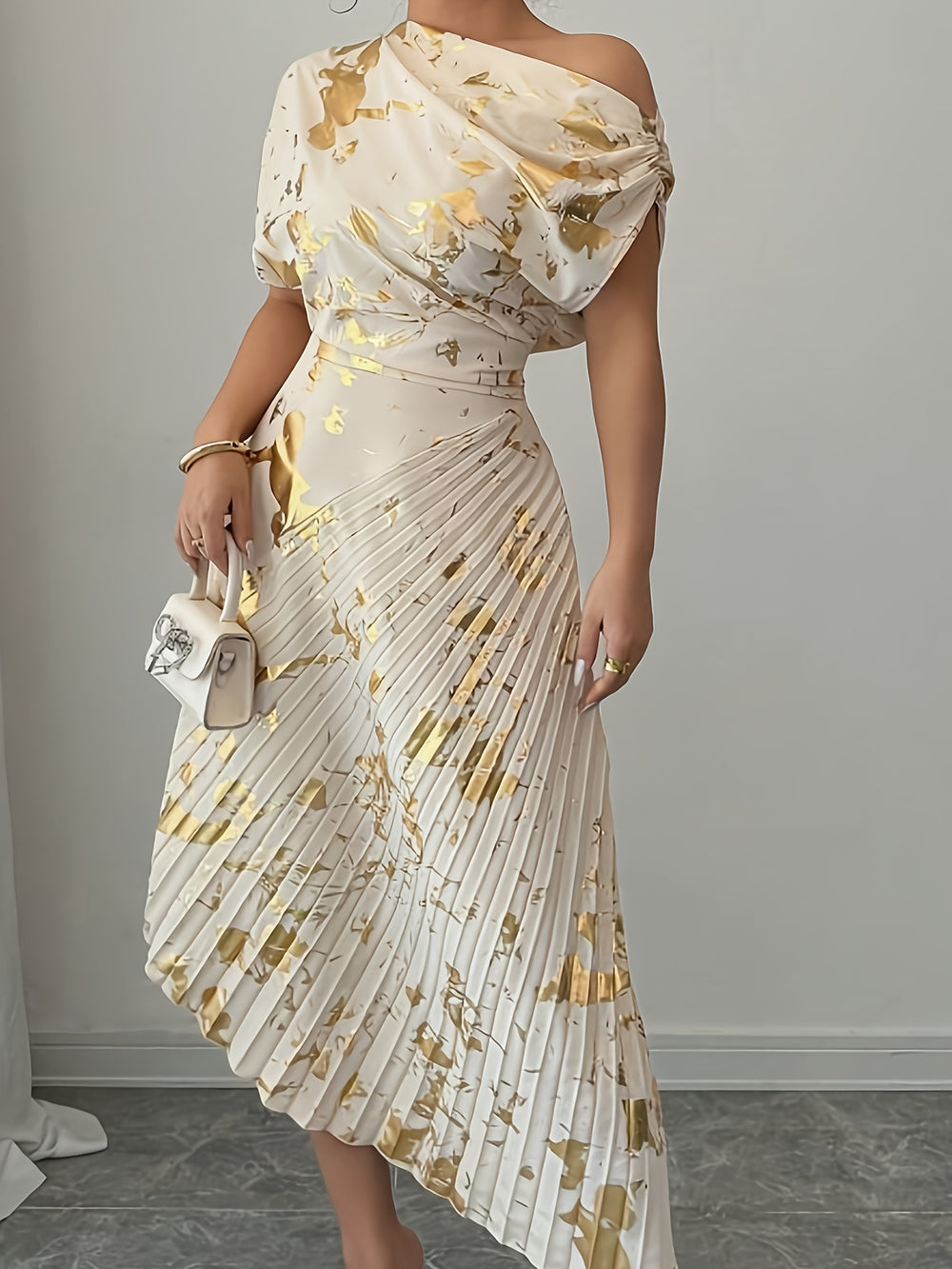 Asymmetrical Pleated Foil Dress