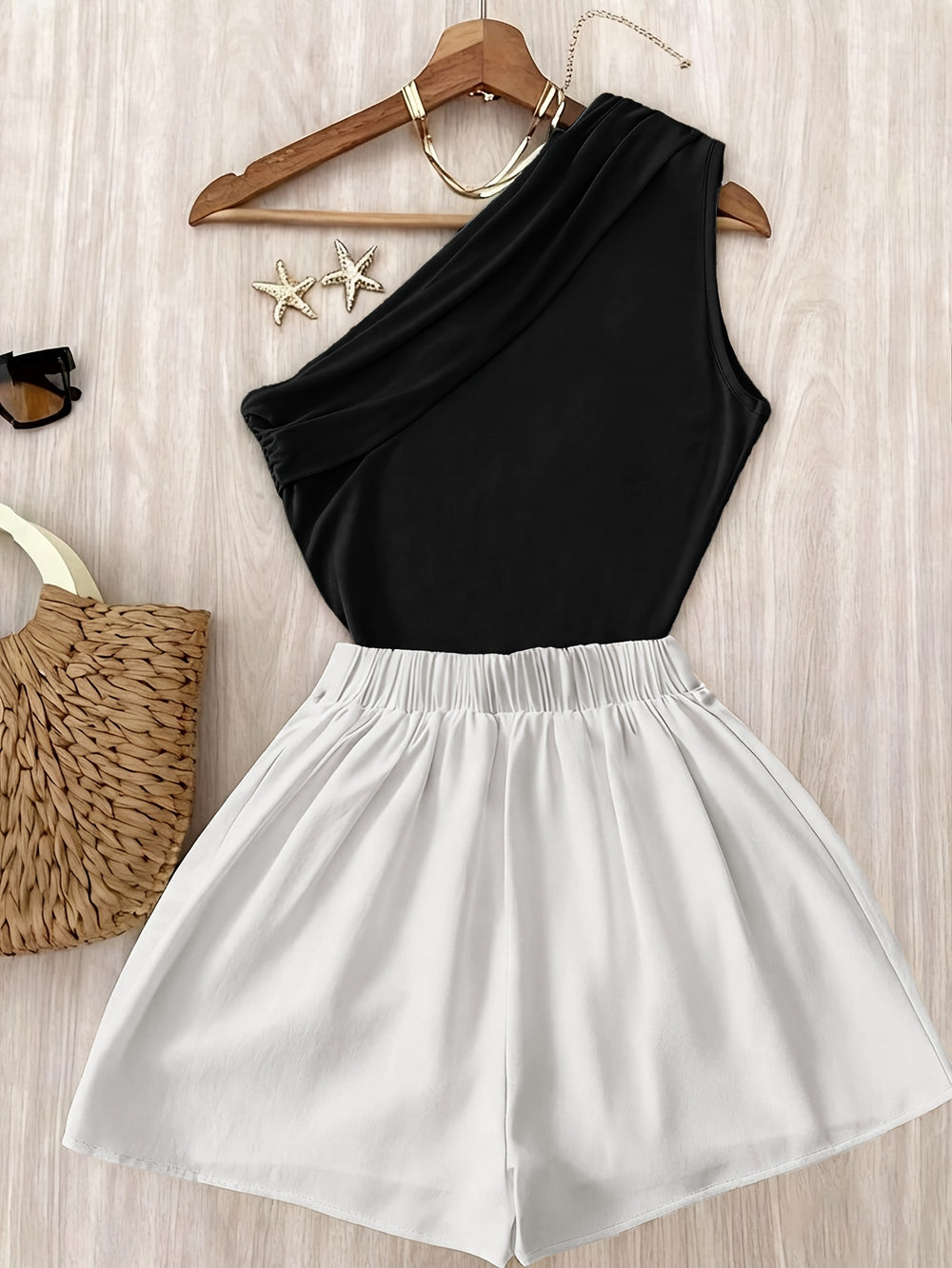 Pleated One-Shoulder Set