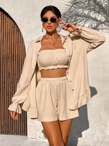 Ruffle Camisole, Shorts & Shirt Set