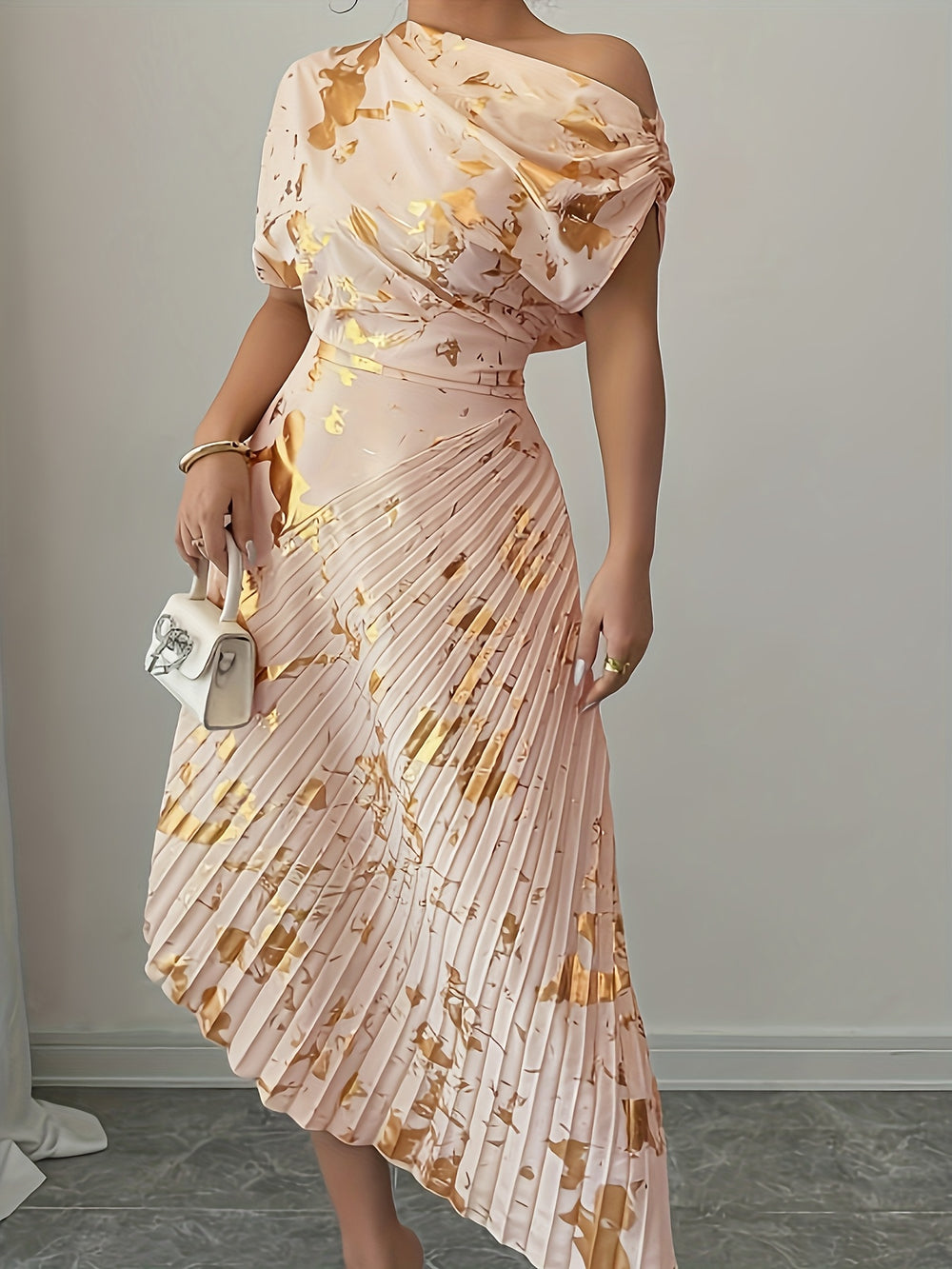 Asymmetrical Pleated Foil Dress