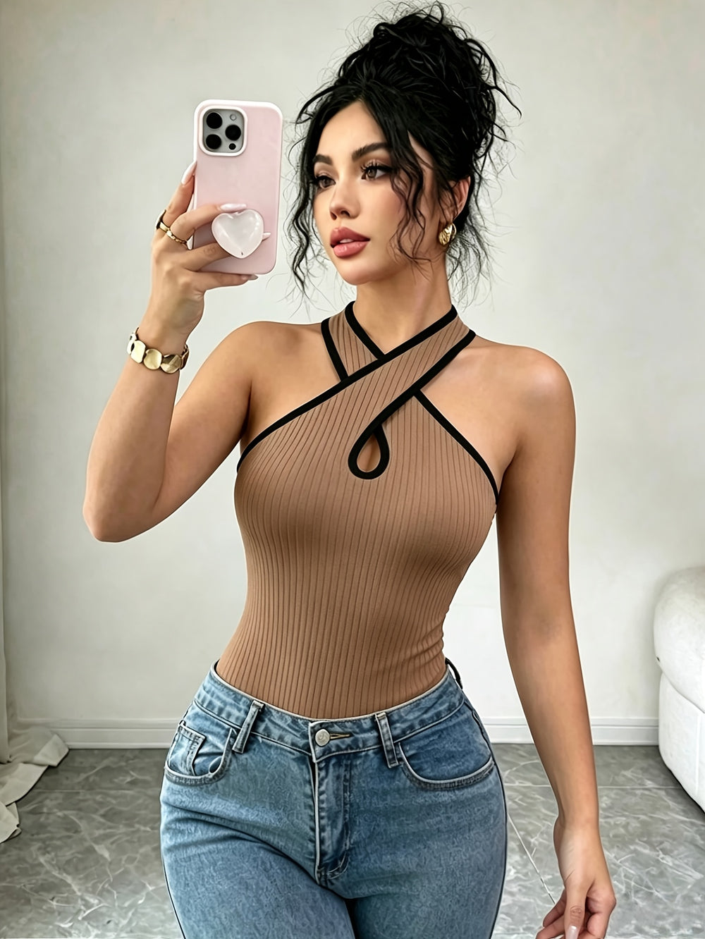 Criss-Cross Cutout Bodysuit