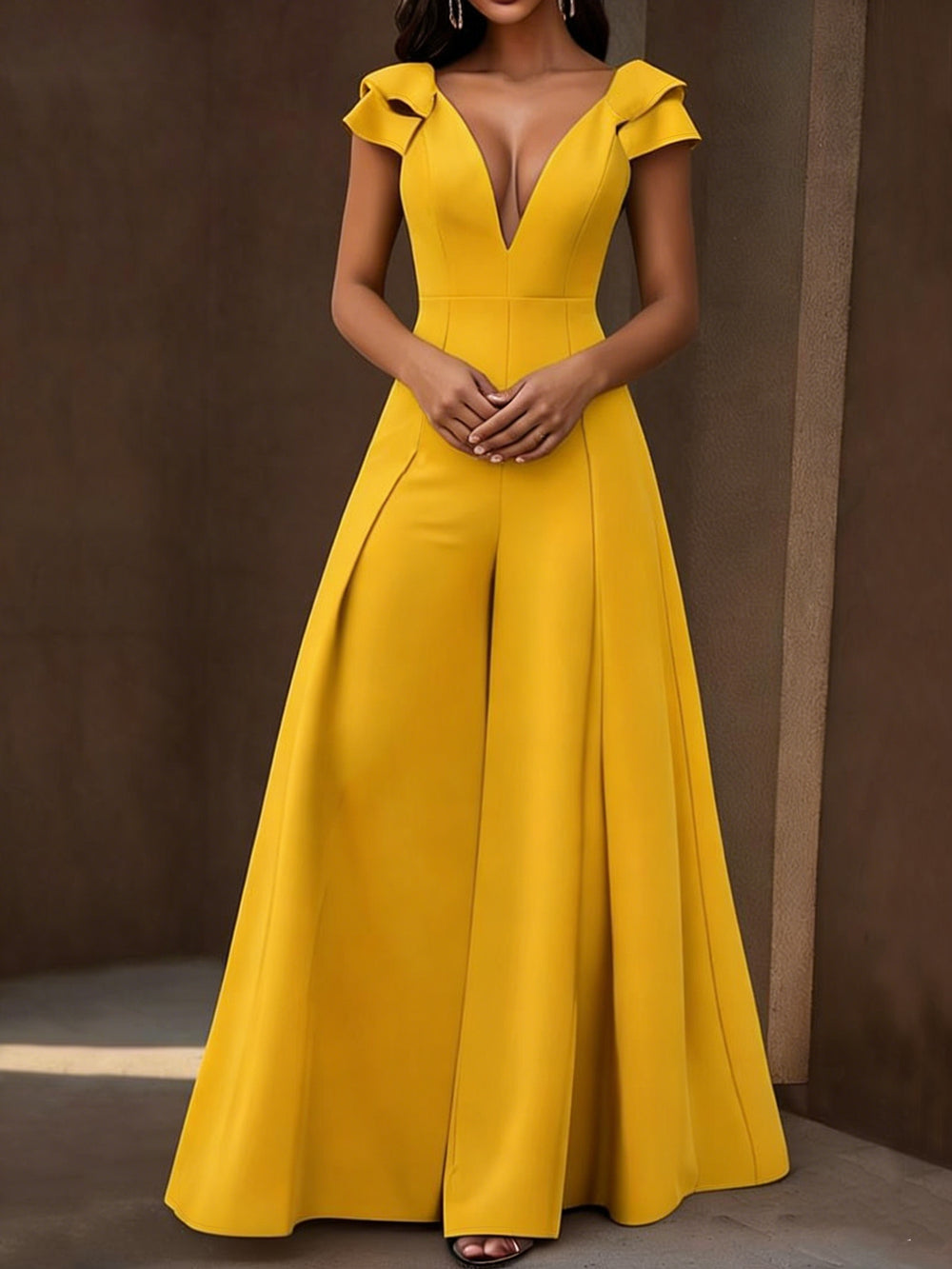 Deep V-Neck Wide-Leg Jumpsuit